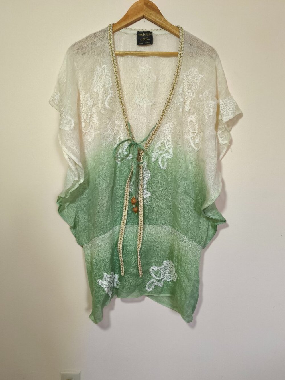 Vanita Rosa Paris St Barth Embroidered Linen Gauze Tunic Coverup Dress OS Green